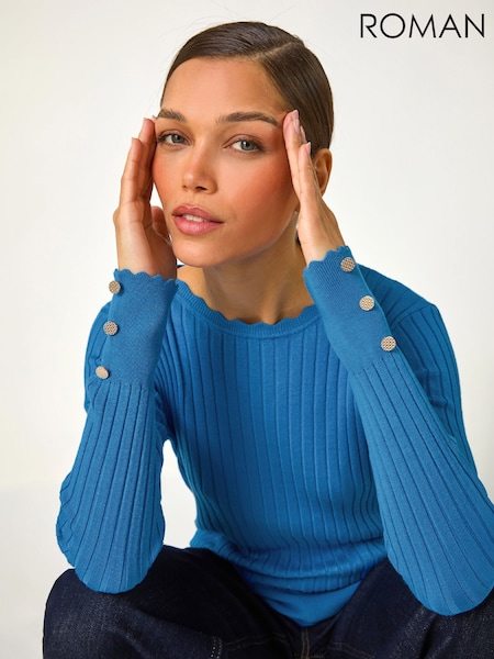 Blue - Roman Button Detail Ribbed Longline Jumper