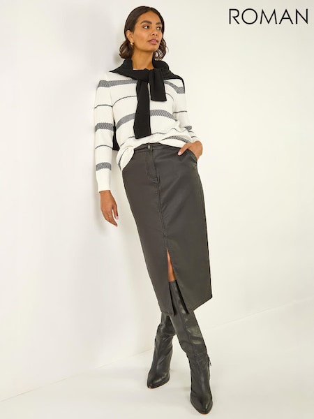 White - Roman Stripe Hotfix Curved Hem Knit Jumper