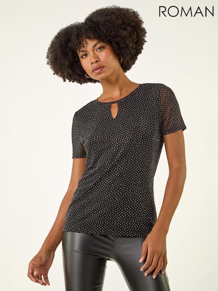 Black - Roman Hotfix Keyhole Stretch Top