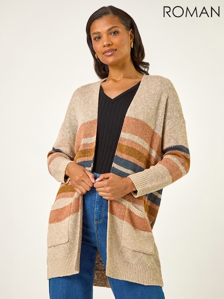 Natural - Roman Stripe Knit Longline Cardigan