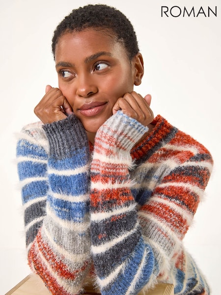 Blue - Roman Fluffy Striped Curve Hem Jumper