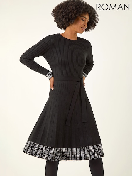 Black - Roman Ribbed Stretch Knit Border Print Dress