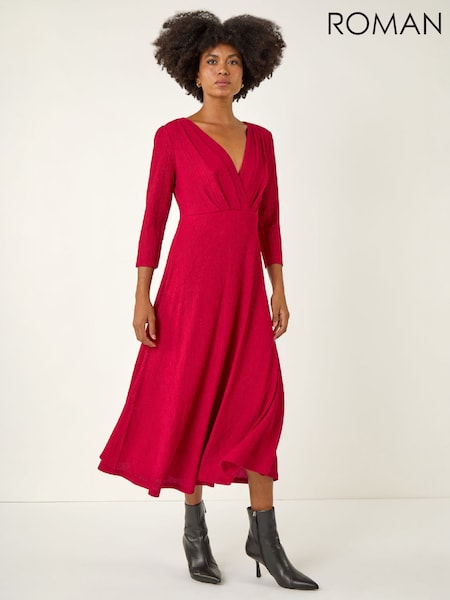 Red - Roman Textured Wrap Midi Dress