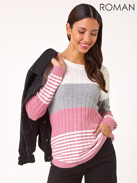 Vaaleanpunainen - Roman Textured Raita Knitted Neulepusero