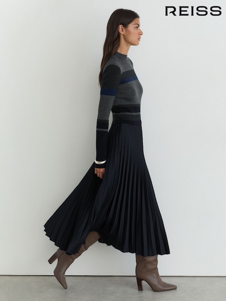 Szary - Reiss Carla Striped Knit Mix Pleated Midi Dress