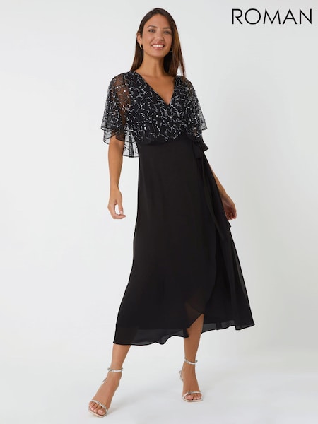 Roman Black Sequin Embellished Cape Wrap Dress (918415) | €66