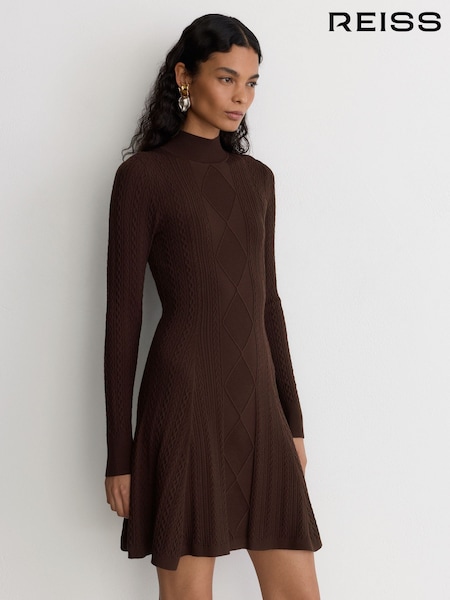 Chocolate Brown - Reiss Tilly Cable-knit Flippy Mini Dress