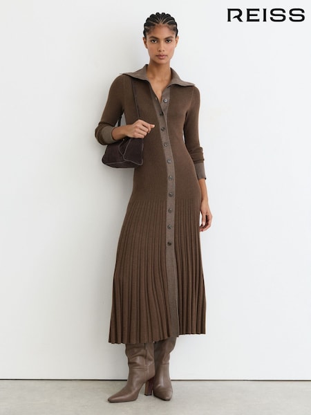Mocha Brown - Reiss Nova Pleated Knit Collared Midi Dress