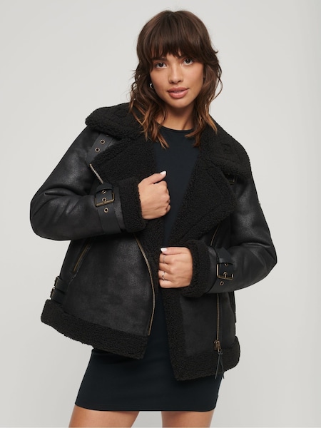 Superdry Black Faux Fur Shearling Aviator Jacket (918530) | €95