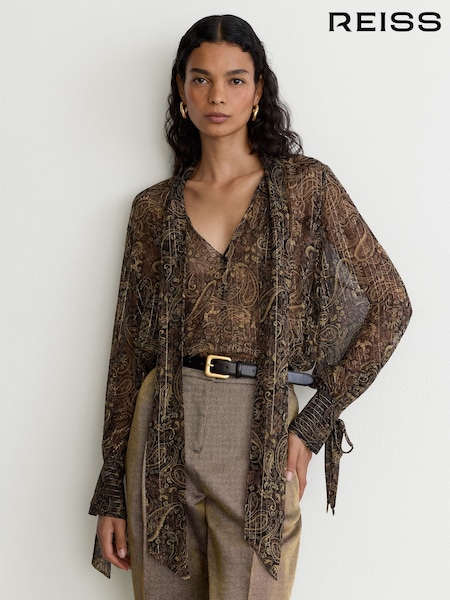 Black/Gold - Reiss Charlotte Silk-georgette Paisley Tie-neck Blouse