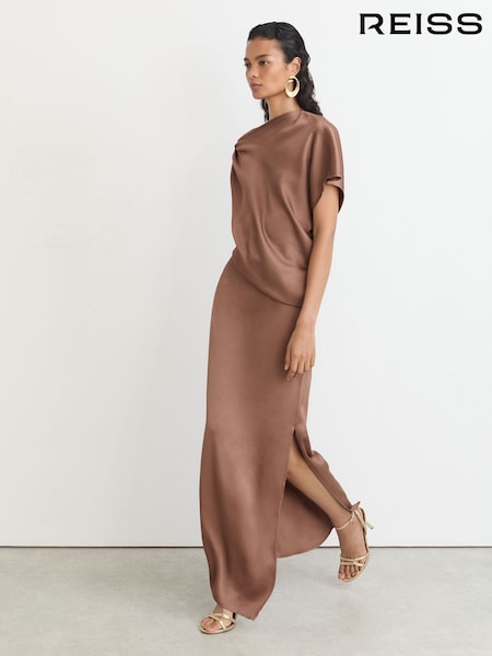 Taupe Brown - Reiss Paige Satin Asymmetric Draped Maxi Dress