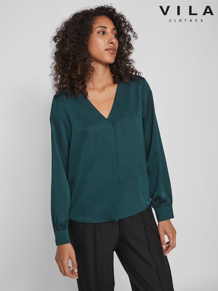 VILA Green V-Neck Long Sleeve Satin Top (919000) | €20