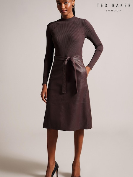Ted Baker Alltaa Brown Knitted Bodice Dress With Pleather Skirt (919411) | € 147
