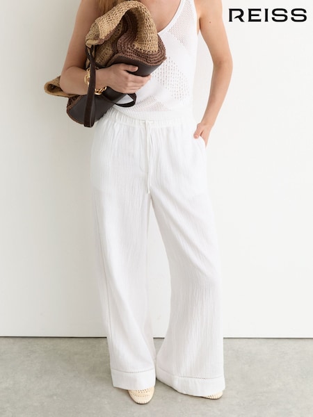 White - Reiss Rue Cotton Cheesecloth Wide-leg Trousers