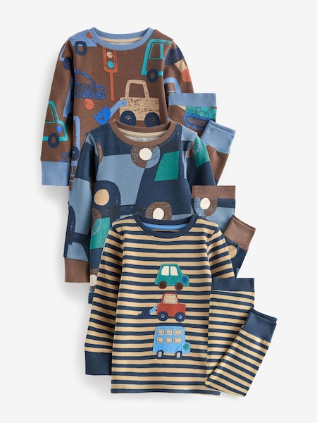 بني/أزرق مزينة برسمة وسائل نقل - Long Sleeve 100% Cotton Pyjamas 3 Pack (9mths-8yrs) (921429) | ‏91 د.إ.‏ - ‏ 112‏ د.إ.