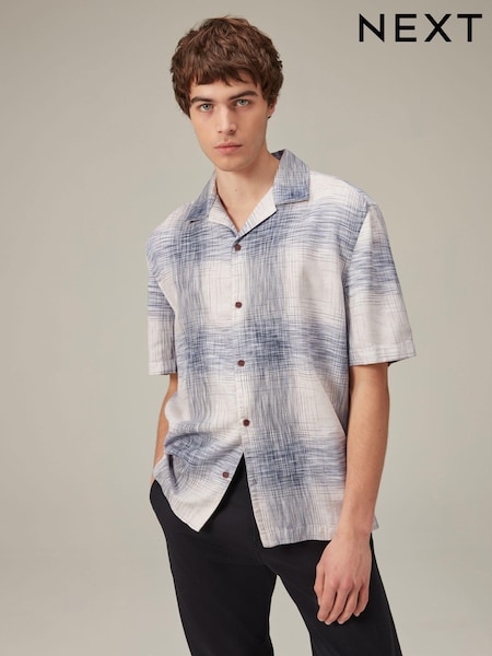 White/Blue Linen Blend Check Short Sleeve Shirt (922180) | €6