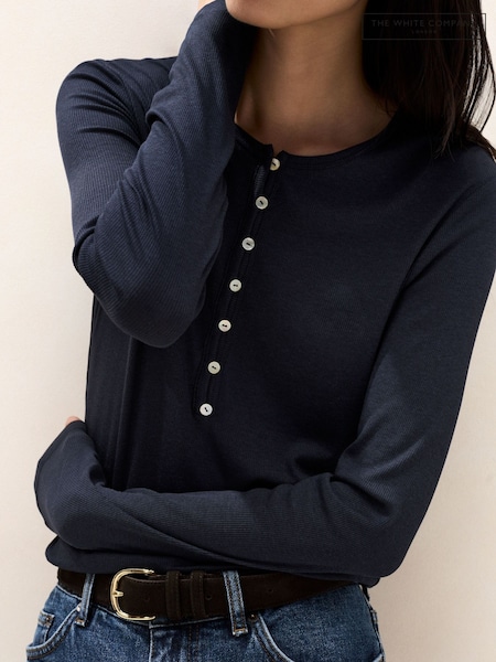 Blå - The White Company Button Henley Lightweight Rib Jersey Top