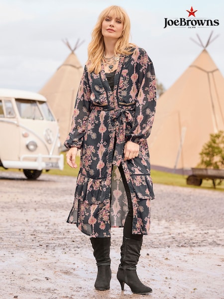 Melns - Joe Browns Henrietta apdrukāta garās līnijas kimono blūze ar rotājumu detaļu