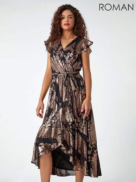 Roman Black Metallic Foil Paisley Print Wrap Dress (924181) | €41.50