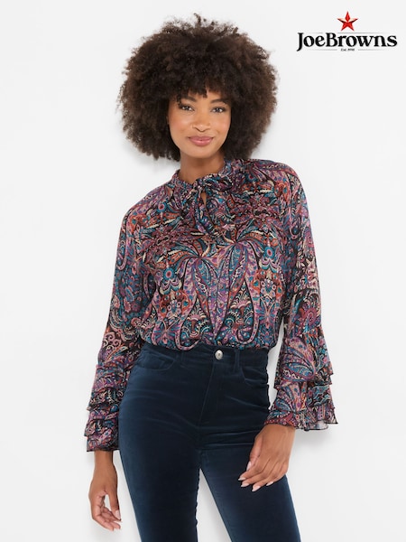 Purple - Joe Browns Boho Print Tie Neck Blouse With Ruffle Sleeve Detail