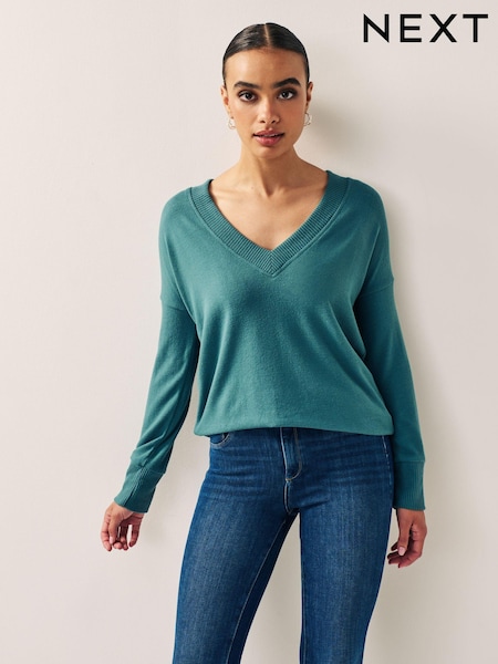 Modrozelena modra - Cosy Lightweight Soft Touch Longline V-Neck Jumper Top (924512) | € 12