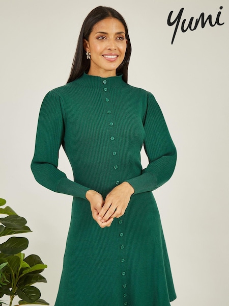 Verde - Yumi Knitted Button Up Midi Dress With Balloon Sleeves (925220) | 229 LEI