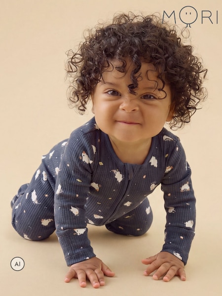 Navy Ghost Print Blue - Mori Ribbed Halloween Two Way Zip-up Sleepsuit