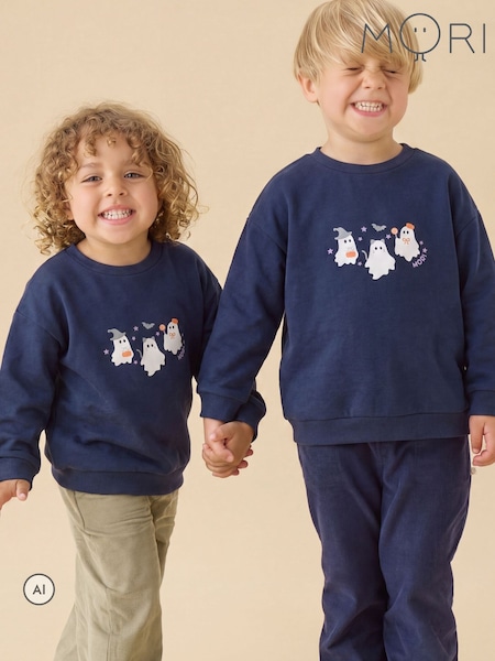 Navy Blue - Mori Ghost Placement Print Halloween Sweatshirt