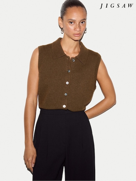 Brown - Jigsaw Compact Wool Collar Waistcoat