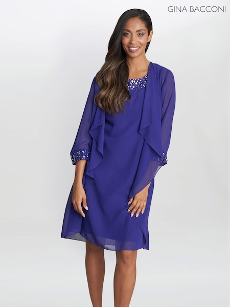 Gina Bacconi Blue Joseline Short Chiffon Jacket Dress With Beaded Neckline (925547) | €133