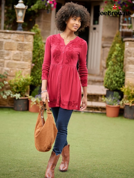 אדום - Joe Browns Ribbed Button Through Tunic Top With Embroidery Detail