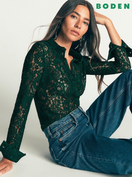 Green - Boden Lace Trim Velvet Top