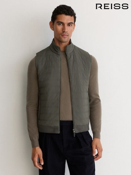 Army Green - Regular Reiss Newford Quilted Funnel-neck Knitted Gilet