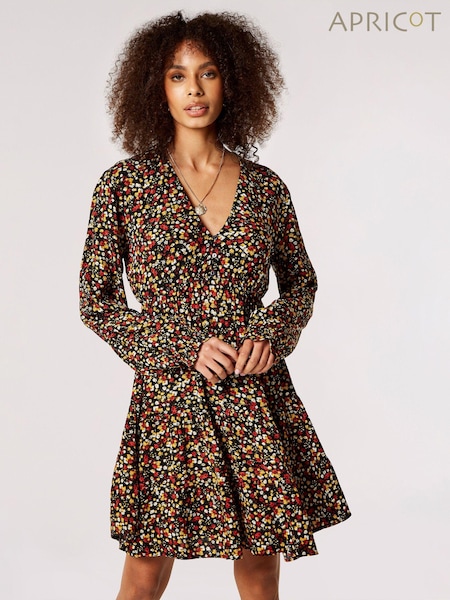 Apricot Black Ditsy Tiered Button Detail Dress (925994) | €44