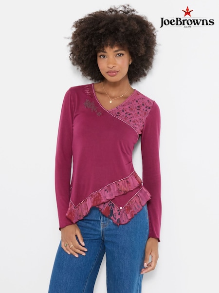 Pink - Joe Browns Chloe V-neck Jersey Top With Floral Printed Trim