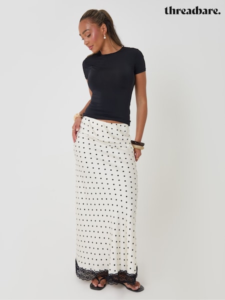 White - Threadbare Petite Polka Dot Satin Lace Trim Maxi Skirt