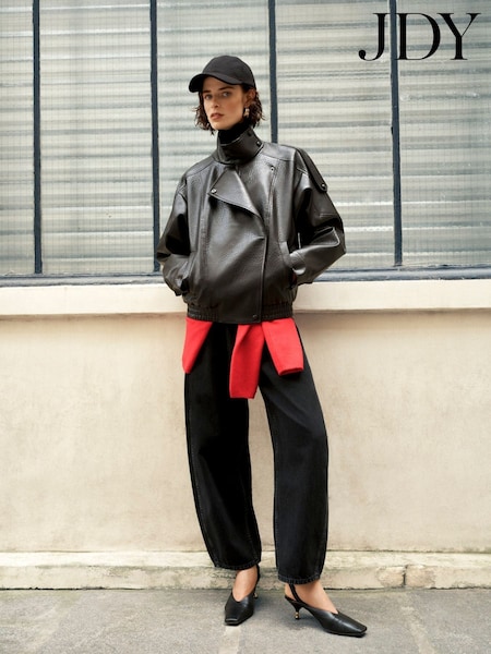 Crno - Jdy Faux Leather Funnel Neck Oversized Bomber Jacket