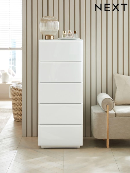 White Sloane Glass 5 Drawer Tall Collection Luxe Chest of Drawers (927378) | €775