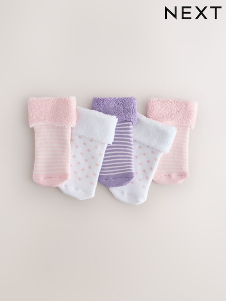 Pink and White - Roll Top Towelling Baby Socks 5 Pack