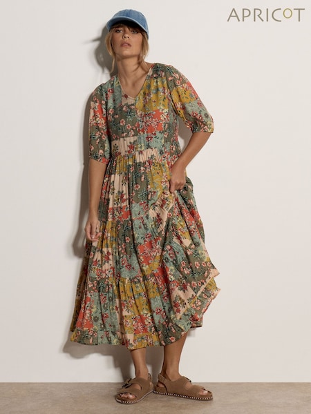 Green - Apricot Early Bloom Patchwork Midi Dress