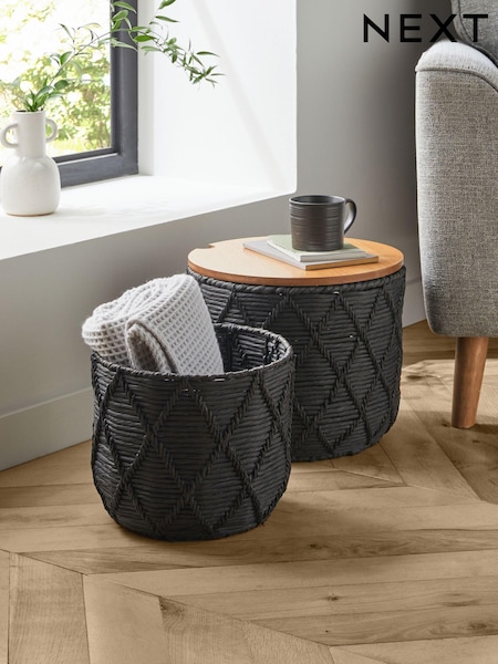 Set of 2 Black and  Wood Lidded Storage Baskets (928106) | BGN 176