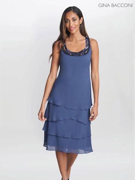 Gina Bacconi Blue Leigh Embellished Tiered Sequin Jacket Dress (928505) | €217