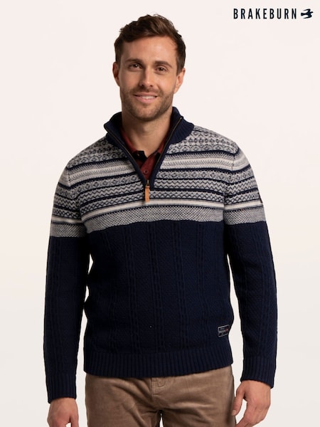 Blue - Regular Brakeburn Crossharbour Fairisle 1/2 Neck Knitted Jumper