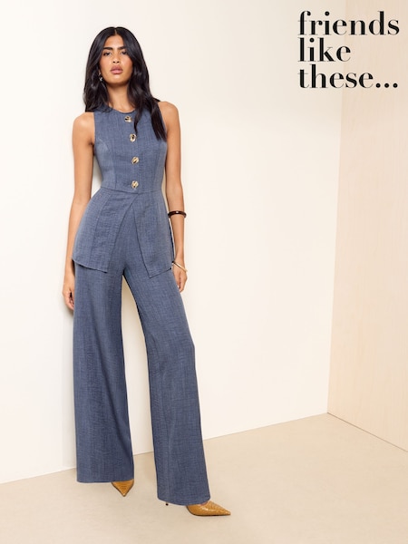 Navy - Friends Like These Button Detail Peplum Hem Waistcoat Jumpsuit