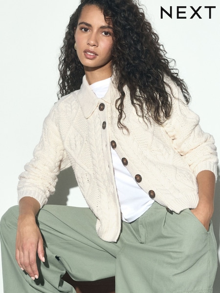 Ecru - Cable Knit Long Sleeve Cardigan