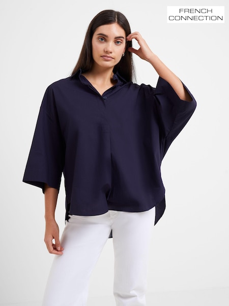 French Connection Navy Blue Rhodes Sust Poplin Short Sleeve Popover 100% Cotton Blouse (930098) | €56