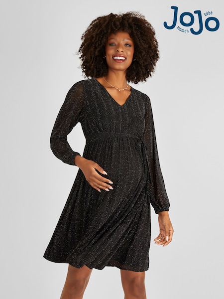 JoJo Maman Bébé Black Sparkle V-Neck Maternity Mini Dress (931142) | $129