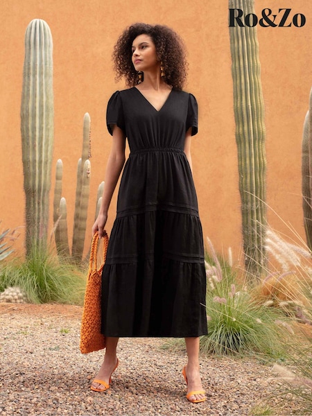 Ro&Zo Black Linen Shirred Waist Midi Dress (931354) | €79