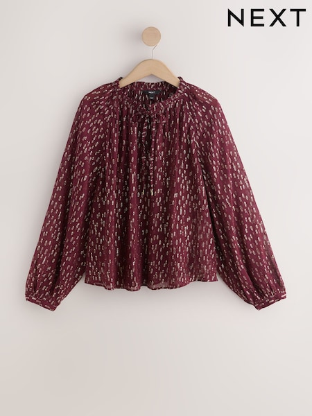 Berry Red/Gold Metallic - Tie Neck Long Sleeve Blouse