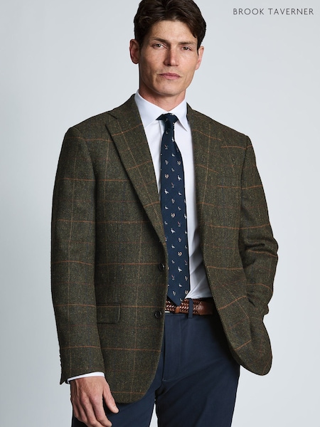 Green - Regular Brook Taverner Wool Blend Herringbone Check Jacket